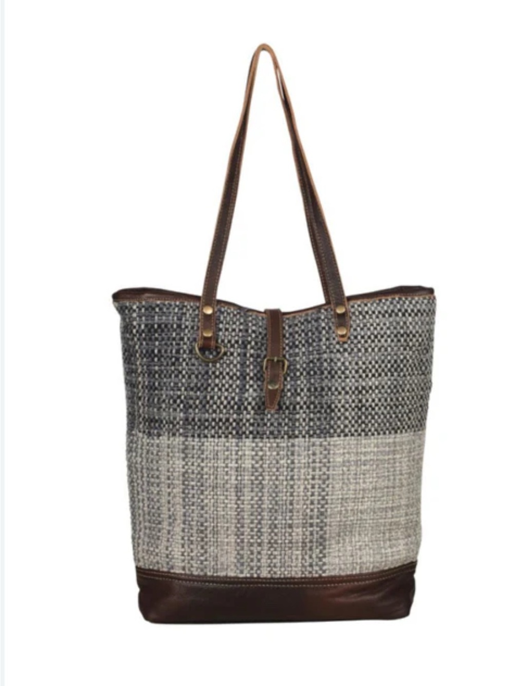 Myra Bag Gray and Cream Woven Tote with Brown Trim